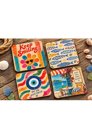 Retro Yaz Esintisi 4 Lü Bardak Altlığı Seti Renkli Vintage Tasarım Çok Renkli