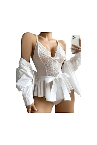 Avastyle Herşeytrend Beyaz Dantel İşlemeli Kurdelalı Fantezi Tül Babydoll Beyaz