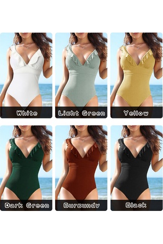 Mufunye Bayanlar İçin Siyah Tek Parça Mayo, Derin V Yaka, Paspas Detaylı, Sırt Bağcıklı, Slim Fit, Asya Beden L Siyah