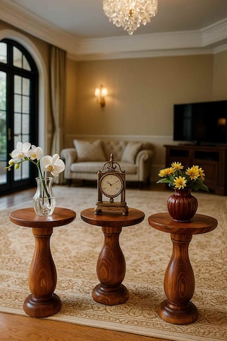 3 Lü Ahşap Mantar Sehpa Seti Meşe Renk Doğal Zigon Ve Fiskos Meşe