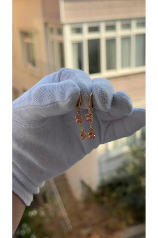 Kadın Gold Renk Sallantılı Pembe Kelebek Model Küpe Gold