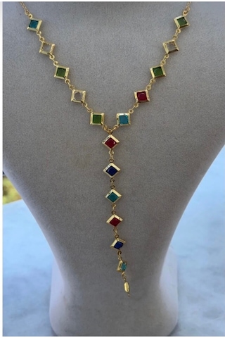 Kadın Gold Renk Zirkon Taşlı Renkli Y Model Kolye Gold