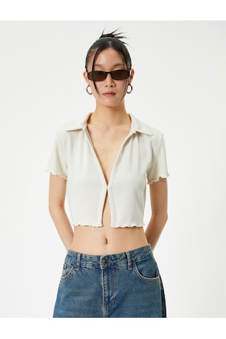 Koton Crop Polo Tişört Kısa Kollu Slim Fit Ekru 4sal10802ık Ekru