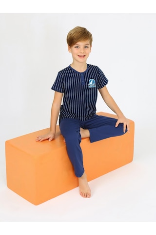 Vitmo Erkek Çocuk Kısa Kollu %100 Pamuklu Düğme Detaylı Sailboat Pijama Takımı İndigo