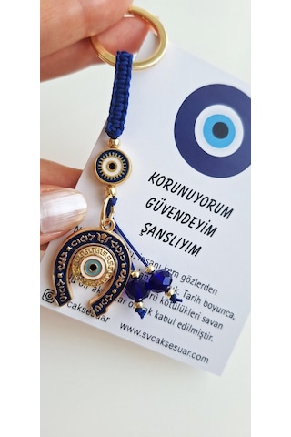 Hediyelik Bolluk Bereket Nal Nazar Boncuklu Anahtarlık - Lacivert - 10 Cm