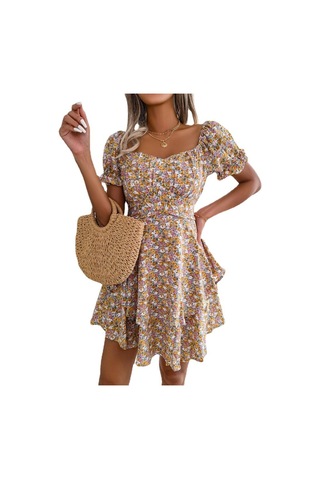 Gmxıa Yaz/ilkbahar Kadın Modası Dar Kesim Kare Yaka Kısa Kollu Elbise Sarı