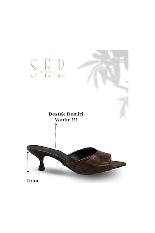 Sermoda Topuklu Kadın Terlik - 5 Cm İnce Topuklu Kadın Terlik Kahve Yanki Kahverengi