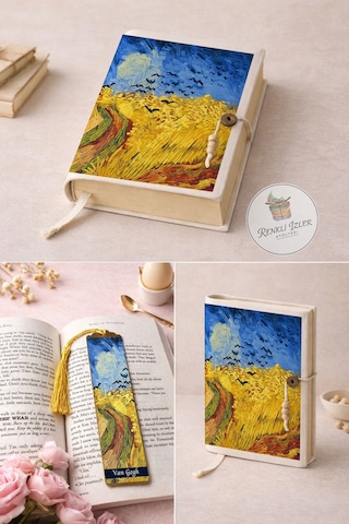 Kitap Kılıfı Ve Metal Kitap Ayracı Seti Van Gogh Buğday Tarlası Ve Kargalar