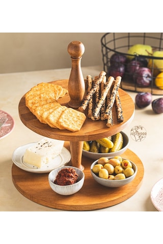 Justwood 2 Katlı Düz Tabaklı Ahşap Kek Pasta Sunumluk Standı, Ser