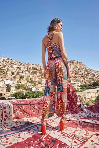 L'ombre Etnik Desenli Saten Tulum Renkli Geometrik
