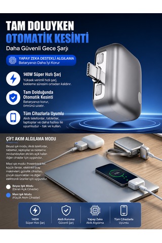 140w Type-c Hızlı Şarj Adaptörü Yapay Zeka Akıllı Şarj Kesme Çift Akım Korumalı Otomatik Kesinti