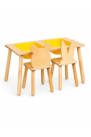 Wood&joy Çift Bölmeli Duyusal Aktivite Merkezi ve 2 Sandalye Seti Sarı