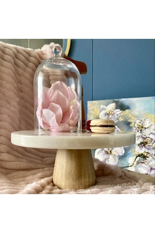 Akayev Mermer 28 Cm Konik Ahşap Ayaklı Beyaz Kalın Yuvarlak Sunum Tabağı Beyaz