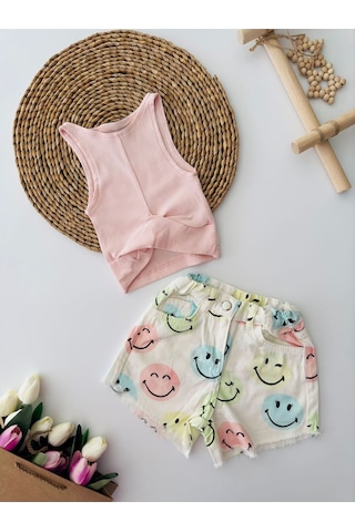 Miniğimin Cicileri Smile Desen Şortlu Croplu Kız Çocuk Takım - Pembe Pembe