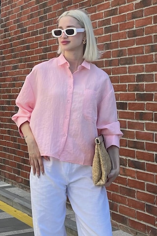 Madmext Pembe Çizgili Oversize Kadın Gömlek Mg2093-pembe Pembe