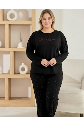 Pijamoni Kadın Milan Büyük Beden Bisiklet Yaka Uzun Kol İnce Pijama Takımı 7666/46 - 1 Adet Siyah