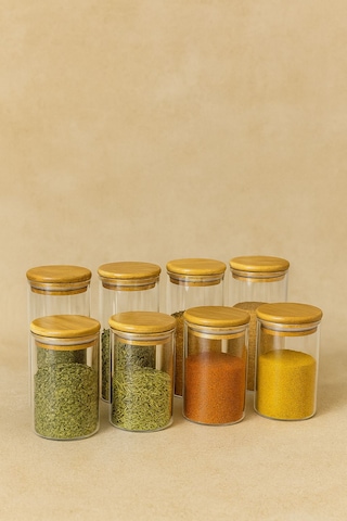 8 Lı Baharatlık Setı 70 X 100-70 X 150-bambu Kapak-cam Baharatlık-300 Ml-500ml Beyaz