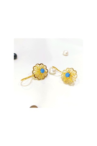 Altın Ürünler 17.5 MM Sallanan Turkuaz Gül Küpe 14 Ayar