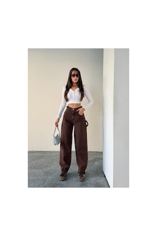 Bluemarlin Yan Kemer Kahve Tokalı Kargo Cep Detaylı Baggy Jeans Kahve Taş Yıkama