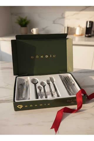 Gökdil Tuana Kutulu 60 Parça Sade Çelik 12 Kişilik Çatal & Kaşık Takımı Gümüş