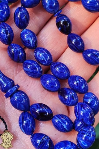 8x11 Mm Ali Agiş Usta İşçilikli Mavi Hareli Sıkma Kehribar Tesbih - Şeffaf Delim Tespih