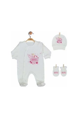 Pia Baby Gl 2005 İsme Özel Leylekli Bebek Yastık Tulum Set Pembe