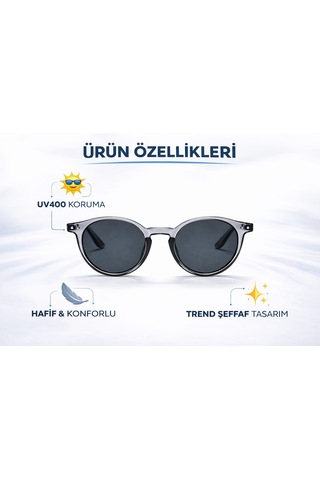 Modatüm Şeffaf Yuvarlak Güneş Gözlüğü Uv400 Korumalı Hafif Modern Tasarım Gri