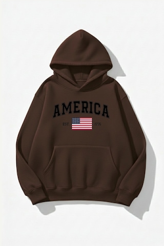 Uyguntarz Unisex Yumuşak Dokulu America Baskılı Tasarım Oversize 3 İplik Hoodie Sweatshirt Kahverengi