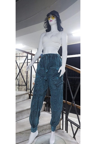 Eren Style Hint Otantik Yıkamalı Taşlanmış Kapaklı Uniseks Şalvar Pantolon Mavi