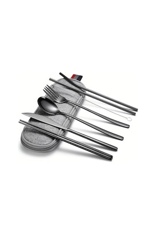 Katlanır Sofra 304 Paslanmaz Çelik Kore Bıçak Çatal Kaşık Çubuklarını Saman Taşınabilir Sofra Seti Seyahat Çubuklarını Siyah