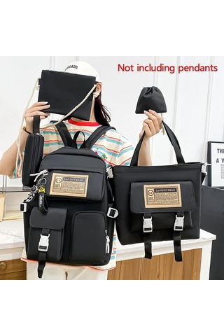 Honeybeeshop Gri 5 Adet Preppy Stil Okul Sırt Çantası Seti Tote Mesajcı Kalemlik Hediyeli