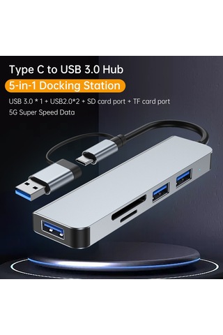 Mufunye Type-c'den Usb'ye Çevirici 5-in-1 Hub: Usb3.0 5gbps + 3xusb2.0 + Sd/tf Kart Okuyucu, Alüminyum Kasa, Gri Renk