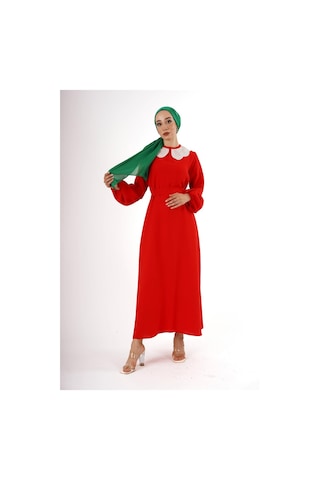 Krep Dantelli Yakalı Elbise Çok Renkli