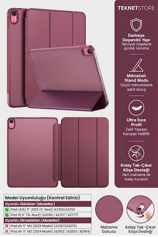 İpad 11. Nesil A16 Ve 10. Nesil 10.9" Uyumlu Kılıf A3355 A2696 Ultra İnce Standlı Kapak Mürdüm Kapaklı Kılıf