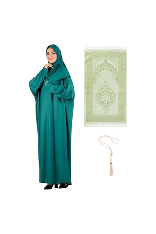Namaz Elbisesi Eşarp Seccade Tesbih Set, İslami Giyim Takım Ferace Turban Şal Yeşil