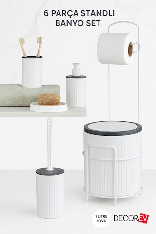 Decorev 6 Parça Standlı Banyo Seti 7 Litre Çöp Kovası, Tuvalet Kağıtlığı, Sabunluk, Fırçalık Banyo Takımı Beyaz - Gri