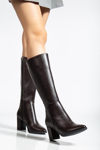 Kadın Topuklu Çizme Siyah Suni Deri Sivri Burun-4207 Siyah