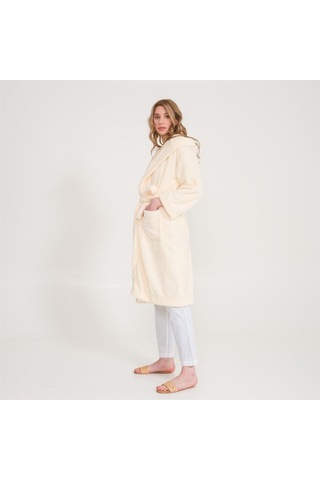 Uzun Welsoft Kapüşonlu Kadın Sabahlık Ekru
