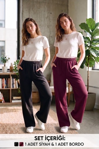 Bigmost Kadın 2'li Set Oversize Oysho Modal Kumaş Beli Lastikli Cepli Günlük Eşofman Altı Siyah - Bordo