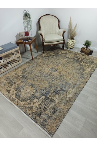 Eskitme Madalyon Desenli Hardal Ve Lacivert Vintage Salon Halısı - 4113ou