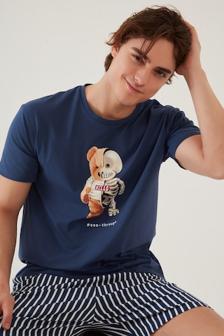 Erkek Pamuklu Mavi Baskılı Cepli Şort Pijama Takımı Ke30320 Mavi - Beyaz