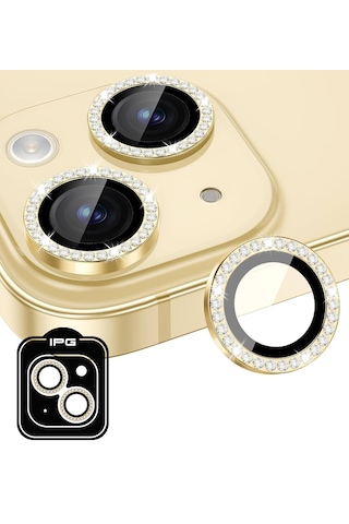 Apple Uyumlu iPhone 14 / 14 Plus İçin Ipg Kamera Lens Koruyucu - Taşlı - Altın