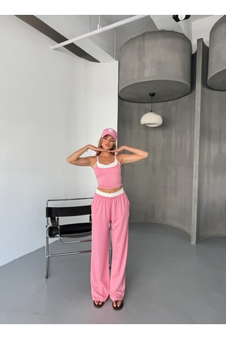 Kadın Çift Kat Detaylı Modal Dokulu Alt Üst Takım Pembe