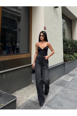 Out Of Standart Kadın Extra Wide Leg Yüksek Bel Geniş Paça Jean Pantolon Siyah