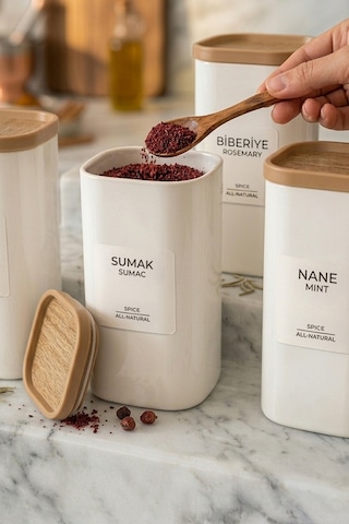 6'li Ahşap Görünümlü Etiketli Sızdırmaz Kapaklı Baharatlık Seti 350 Ml Beyaz