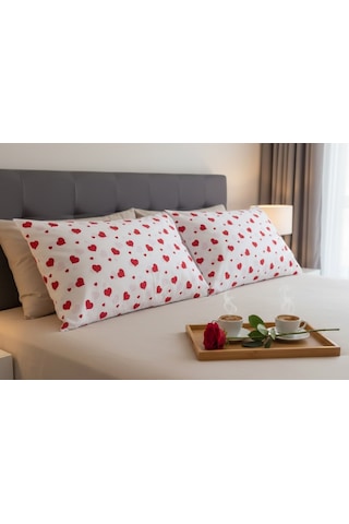 Taç Sevgililer Günü Yastık Kılıfı Seti. 2 Adet 50x70 Cm. %100 Pamuk Beyaz - Kırmızı