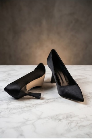 Shoetek Vienatta Kadın Stiletto İnce Topuklu Parlak Siyah Saten