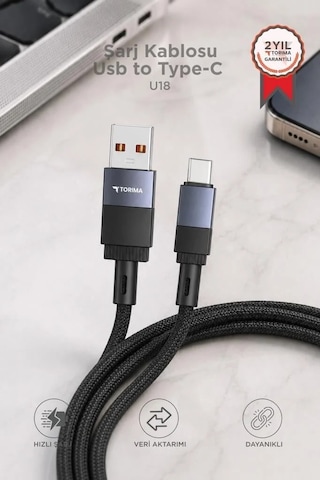 Özel Seri Şarj Kablosu Usb To Type-c Data Kablo U18 Siyah Hızlı Bağlantı Teknik Parça