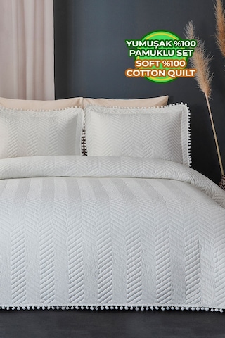 Evlen Home Ponponlu %100 Pamuk Tek Kişilik Günlük Yatak Örtüsü Pike Takımı Seti Krem / Kırık Beyaz