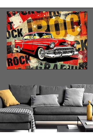 Rock Posteri Ve Kırmızı Araba Dekoratif Kanvas - Mdf Ahşap Tablo